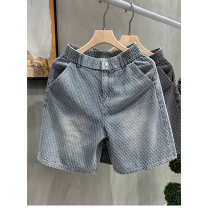 Retro Jacquard Washed Denim Shorts Men's Summer American Vibe Casual Straight Loose Five-Minute Pants