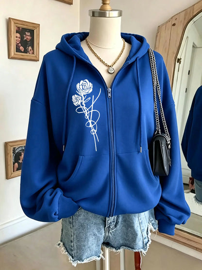 Roses And Positive Short Sentences Printing Zipper Hoodies Women Autumn Korean Hoodie Loose Pocket Sportswear Fleece Clothing
