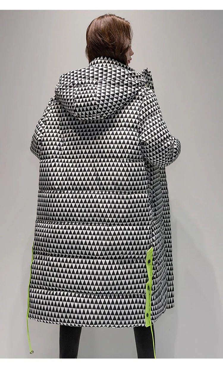 2023 Winter Warm  Plaid Long  Coat Women ' s Fashion Thicken Hooded Puffer Jacket Female Windproof Warm Outwear