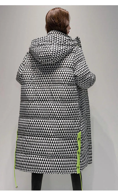 2023 Winter Warm  Plaid Long  Coat Women ' s Fashion Thicken Hooded Puffer Jacket Female Windproof Warm Outwear