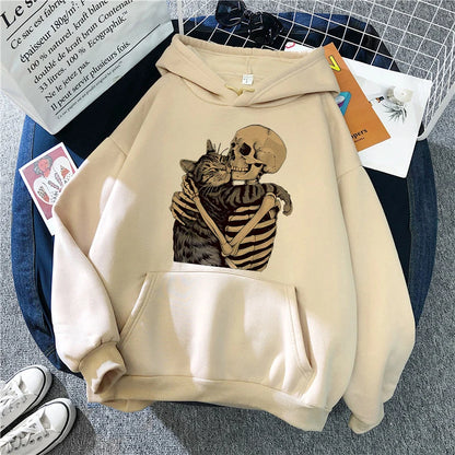 Halloween Skull and Cat Print Kangaroo Pocket Hoodies Fall Winter Long Sleeve Sweatshirt Unisex Funny Vintage Hooded 90s Clothes