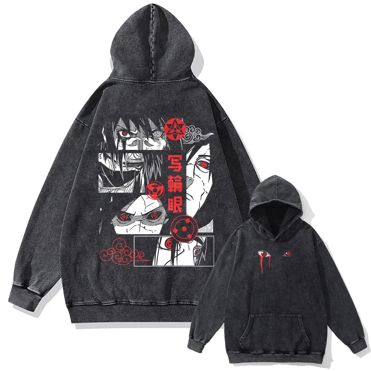 Men Washed Hoodie Sweatshirt Japanese Anime Naruto Print Hooded Pullover Hip Hop Harajuku Streetwear Cotton Vintage Hoodie