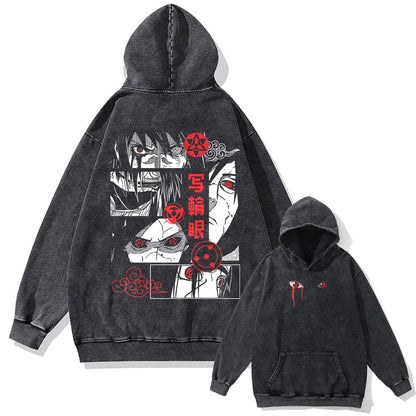 Men Washed Hoodie Sweatshirt Japanese Anime Naruto Print Hooded Pullover Hip Hop Harajuku Streetwear Cotton Vintage Hoodie