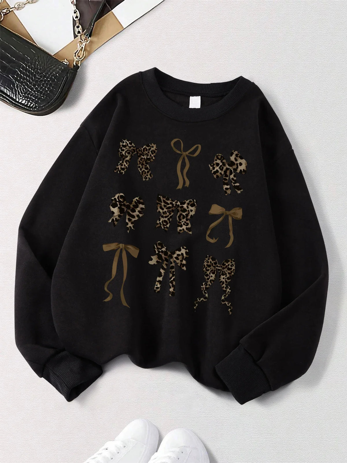 Retro Leopard Print Bow Printed Women Hoodies All-Match Fleece Casual Clothes Street Pullover Winter Autumn Woman Clothing