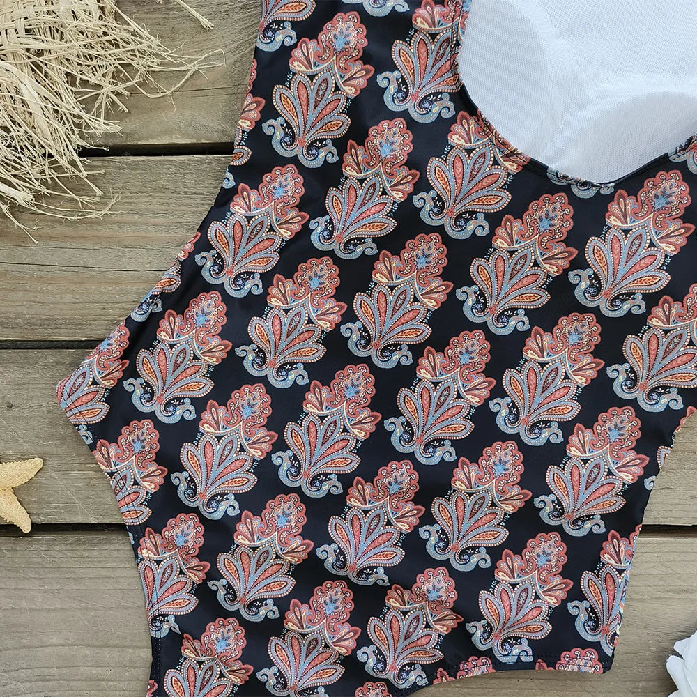 2026 New Printed One-piece Swimsuit Classic Printed Lace Up Swimsuit Women's Push Up Flower One-piece Suit Beach Wear For Female