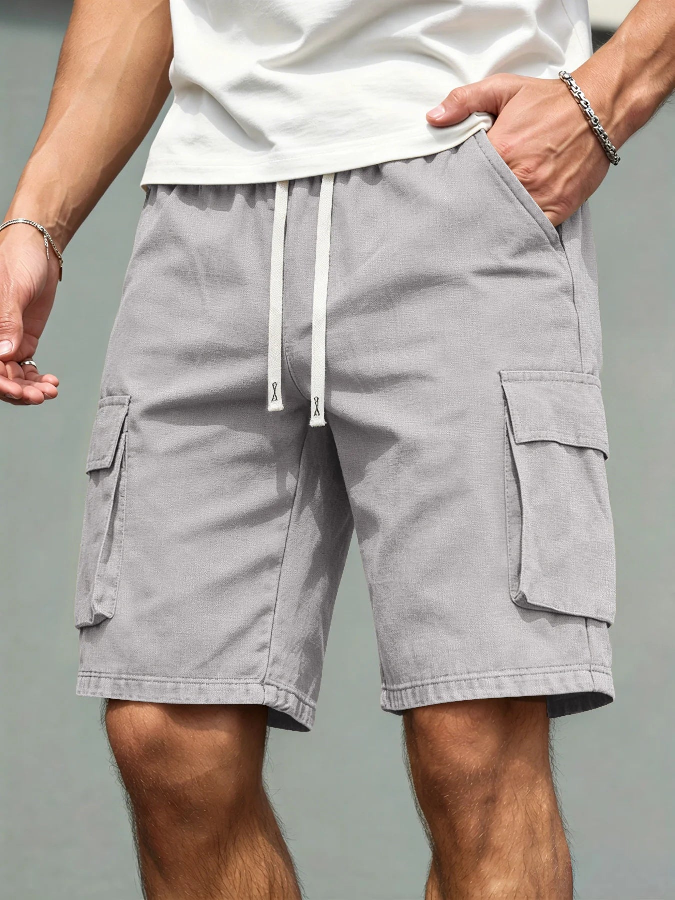 2026 Men's loose linen straight-leg pants, casual multi-pocket work shorts, high-end men's shorts, drawstring daily work shorts