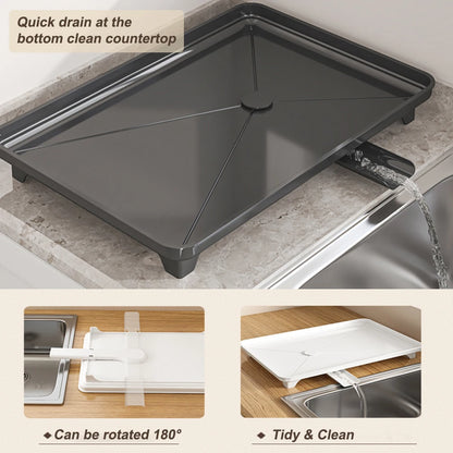 Dish Drying Rack - Over Sink Drainer with Utensil Holder, Foldable Two Tier, Auto Draining