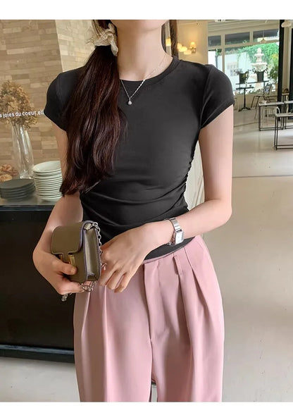 Women's Basic Solid Crop Top Short Sleeve Crewneck Skinny T-shirt Summer Casual Y2K Vintage Harajuku Streetwear