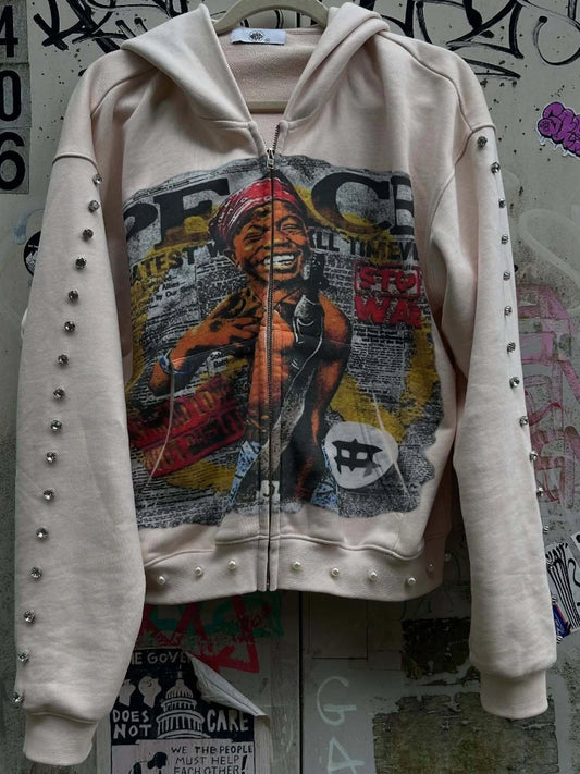 Y2k Aesthetic Pattern Print Sweatshirt Vintage Punk Gothic Couple Sweatshirt Emo Graffiti Print Pearl Design Hoodie 2000s