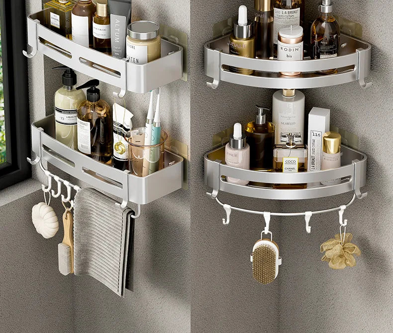 Aluminum Corner Shower Rack - Wall Mounted Bathroom Storage Organizer