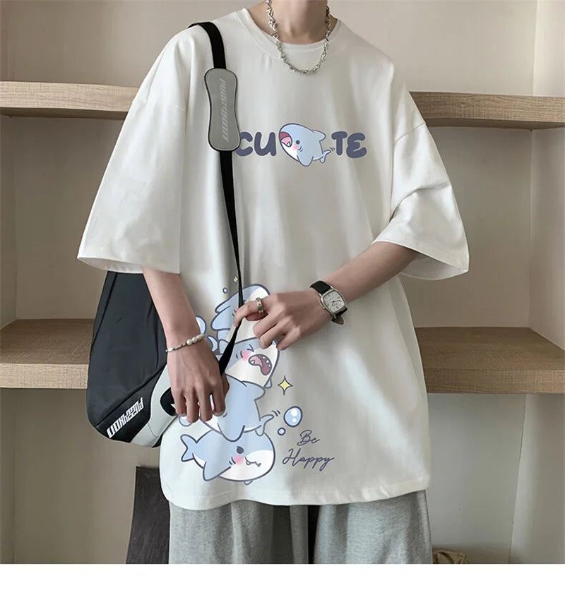 Men's Cotton T-shirts White Men Oversized T Shirt Anime Shark Print Summer Casual Wear 5XL Tee Shirts Big Size Male Clothes