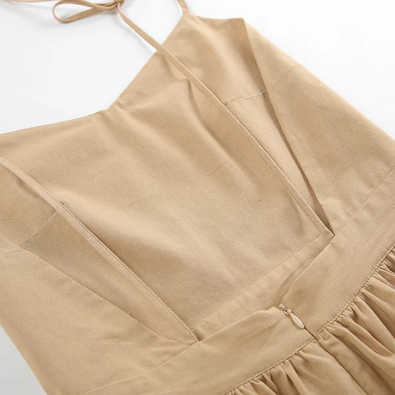 Aynaray 2024 Spring Summer Women Holiday Solid Backless Dress V-neck Spaghetti A-Line Flare Midi Dress For Women
