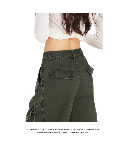Retro Casual High Waisted Baggy Cargo Jeans Women Washed Distressed Wide Leg Pants Brown Denim Y2K Streetwear Vintage Trousers