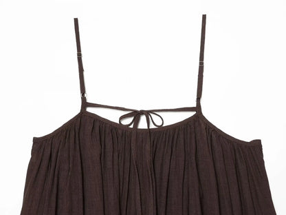 TFMLN Women Round Neck Pleated Sling Dresses Summer New Sleeveless Loose Fit Backless Solid Dress Fashion Holiday Casual Clothes
