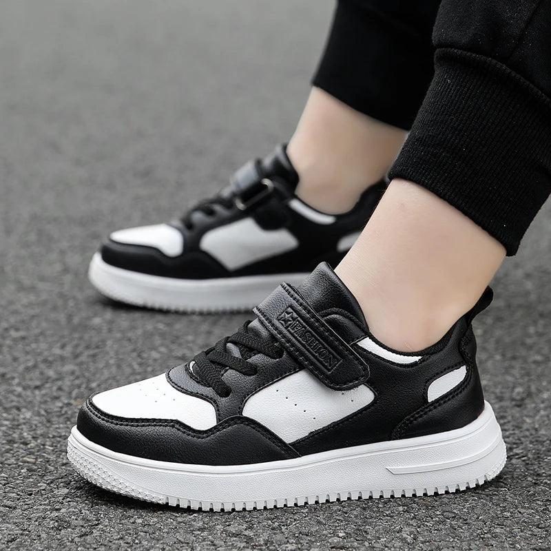 Boys Shoes Sneakers Leather Children Comfortable Flat Shoes Black White Shoes for Kids Girls School Walking Footwear Non Slip