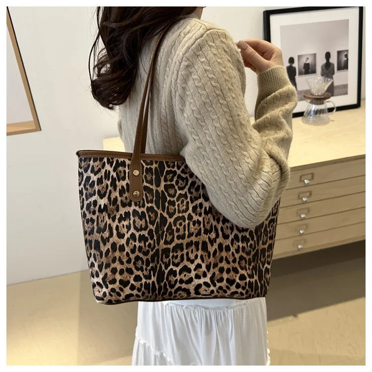 Leopard Print Tote Bag - Women's PU Leather Large Capacity Casual Travel Purse