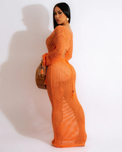 DEKA Women Knitted Backless Cover Up Swimsuit Long-sleeved Crochet Hollow Out Dress Summer Beach Vacation Outfit Beach Dress