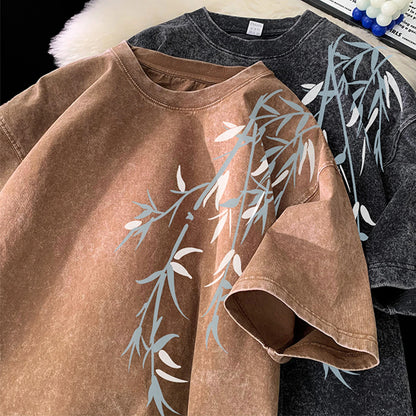 Acid Washed T-Shirt - Men's Streetwear Tee With Bamboo Leaf Print | Oversized Loose Fit