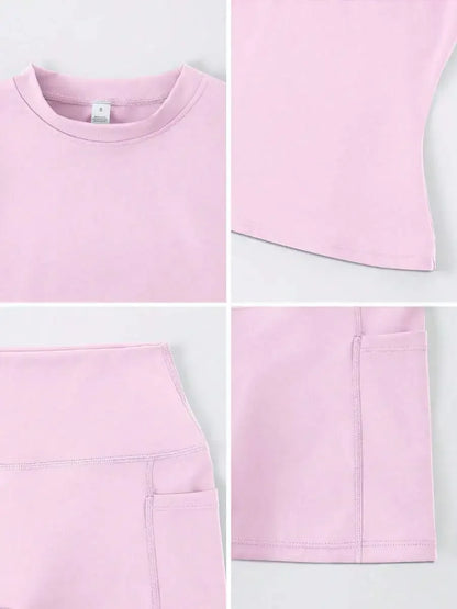 Women's Sweet Sports Short Sleeve High Waist Tummy Control Butt Lifting Shorts Set
