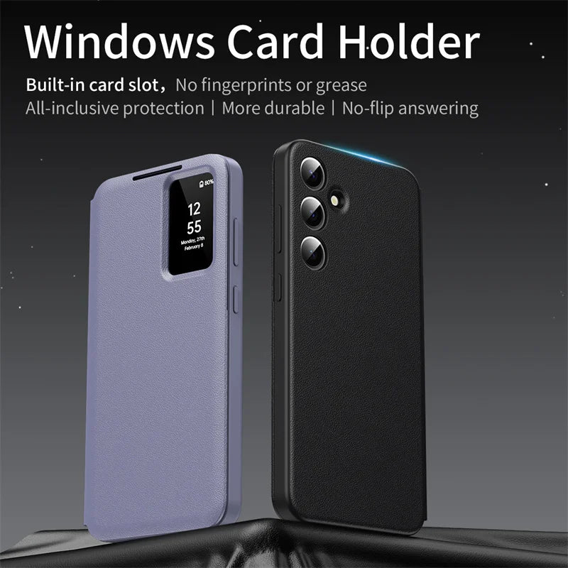 For Samsung Galaxy S25 S23 S24 S26 Ultra S25Plus Case Original PU Leather Card Pocke Flip Smart Display Transparent Window Cover