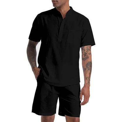 Men's Cotton Linen Set Henley Shirts Shorts Outfits 2 Pieces Beach Clothes Vacation Matching Suit Summer Wear Shirt Sleeve