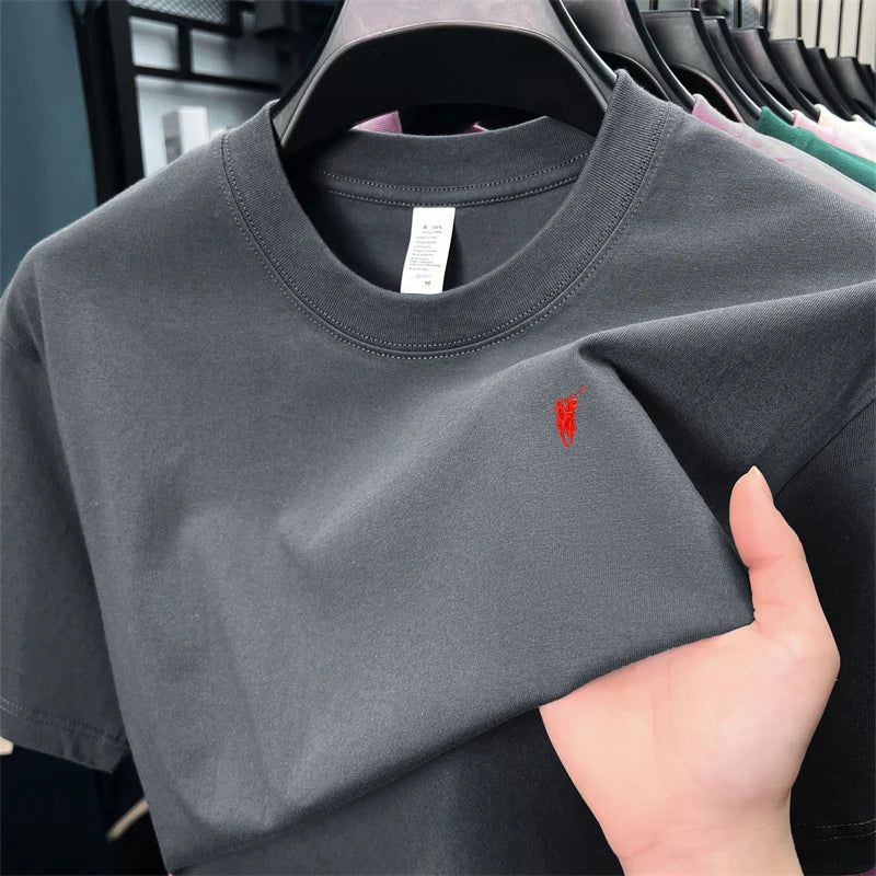 Xiaoma Embroidery Casual Pure Cotton Short Sleeved T-shirt for Young Men, Round Neck Solid Color T-shirt for Men