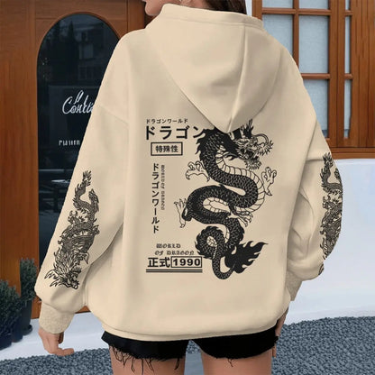 Harajuku Dragon Printed Hoodies for Men Women, Casual Japanese-style Sporty Spring Autumn Hoody, Vintage Unisex Hooded