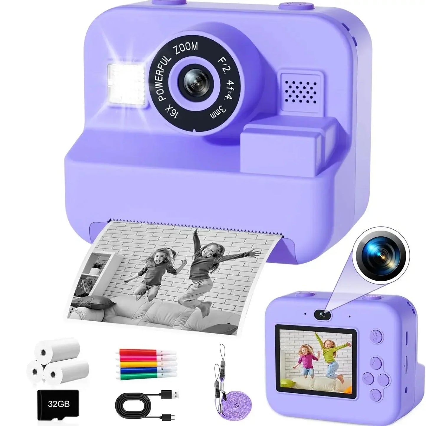 Kids Instant Print Camera - 48MP Digital Educational Thermal Photo Printer With 32GB Card