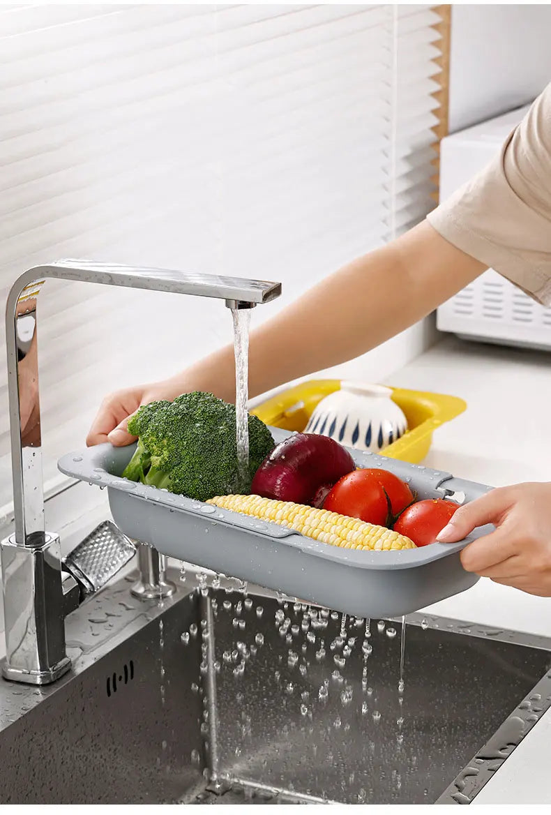 Sink Drain Rack – Adjustable Retractable Kitchen Shelf with Plastic Drain Basket