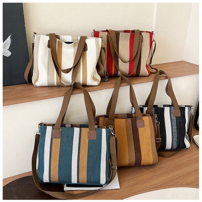 Striped Canvas Tote - Women's Crossbody Shoulder Bag With Zipper Closure, Versatile Daily Use