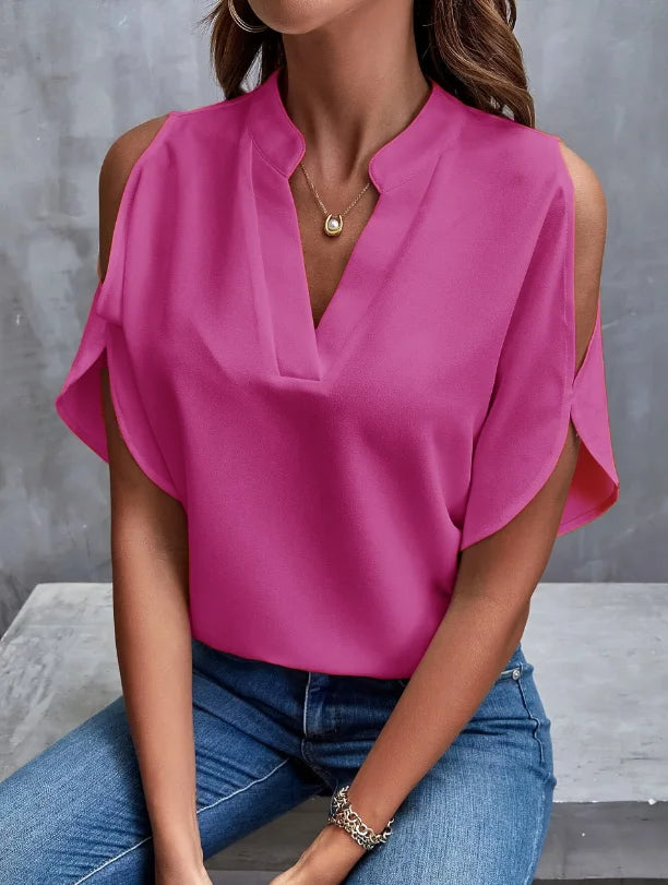 Elegant V-Neck Women's Short-Sleeve Shirt - Solid Color, Notched Collar, Loose European & American Style Versatile Top