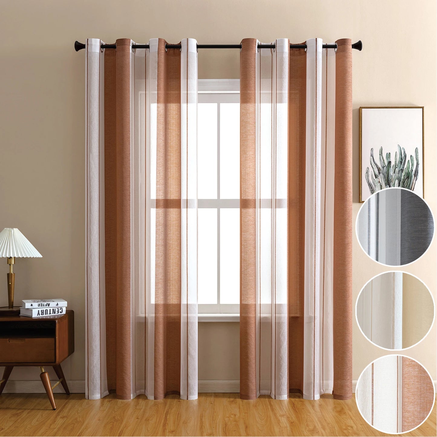 Striped Sheer Curtains | Soft Voile Fabric Semi Sheer Drapes - Eyelet Panels for Office & Home