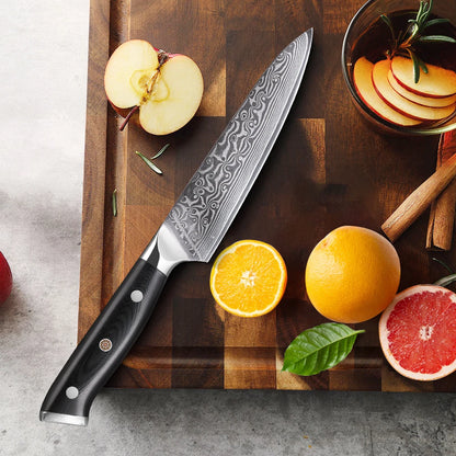 Damascus Steel Kitchen Knife – 5 Inch Utility Knife with Black G10 Handle, Rust Resistant Blade