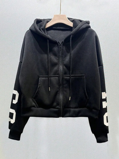 Women Y2K Crop Zip Up Hoodie Letter Print Oversized Long Sleeve Hooded Sweatshirt Casual Streetwear Short Jacket Outerwear