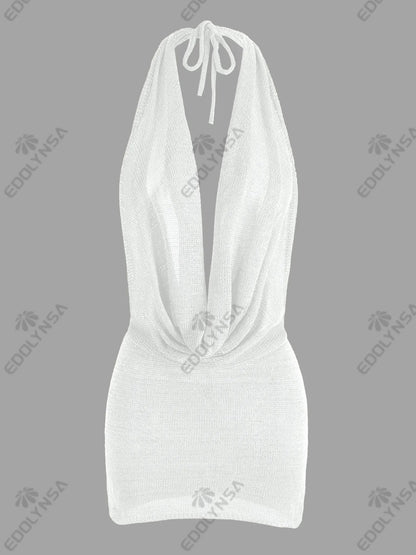 Silk Backless Mini Dress - Slim Fit Summer Vacation Dress With Deep V Neck & Spaghetti Straps