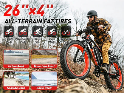 Electric Bike for Adults 1500W Peak, 34MPH 26" Fat Tire Ebike, 48V 15Ah Long Range Battery, All-Terrain Mountain Commuter E-Bike