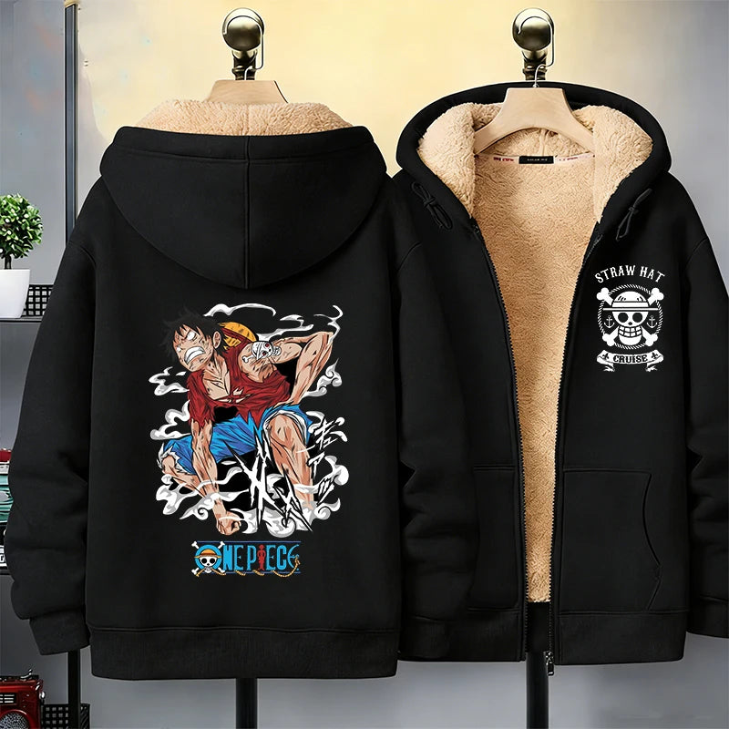 One Piece Man Thick Hooded Jacket Woman Winter Keep Warm Coat Anime Luffy Print Fleece Jacket Thermal Long Sleeve Hooded Clothes
