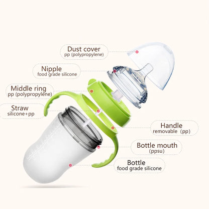 New 0-36 months baby nano-silicone bottle 240ml 150ml with handle Breastmilk-like design Soft milk pulling
