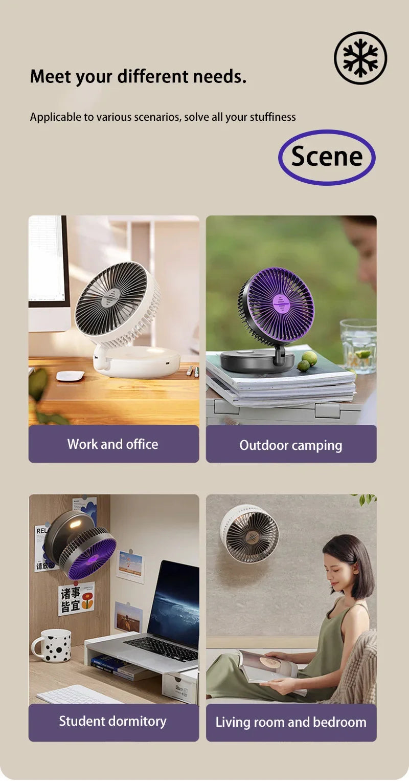 5000mAh 3IN1 Rechargeable Multifunctional Portable Fan Wall Mounted Fan 90° Folding Fan 4 Gears With Warm Night Light New 2025