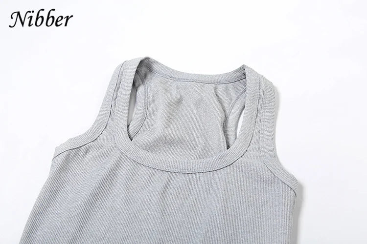 Nibber Ribbed Casual 2 Piece Set Women Tracksuit Sporty Square Collar Tank Tops+Shorts Suit Streetwear Simple Matching Outfits