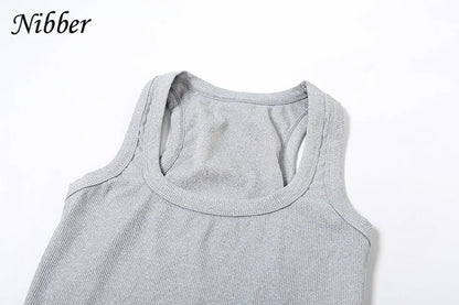 Nibber Ribbed Casual 2 Piece Set Women Tracksuit Sporty Square Collar Tank Tops+Shorts Suit Streetwear Simple Matching Outfits