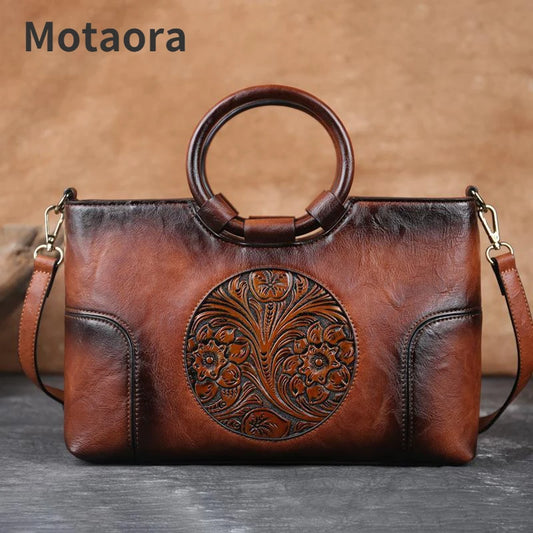Leather Women Handbag - Retro Handmade Floral Embossed Shoulder Bag Large Capacity