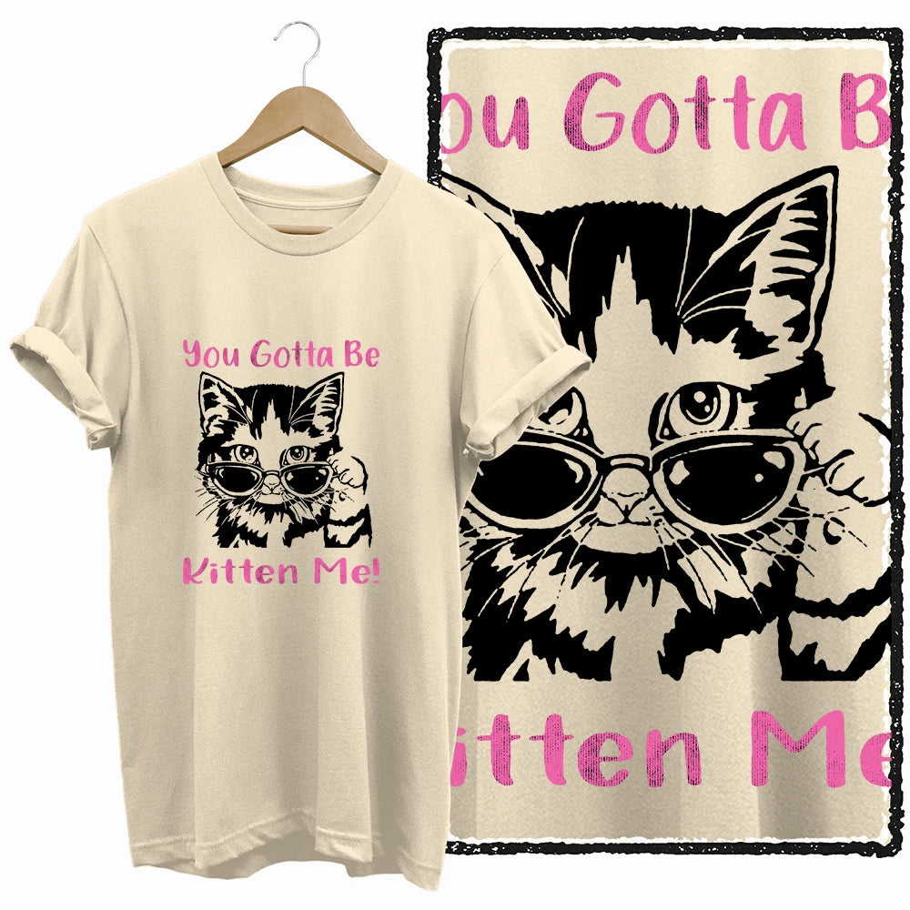 COOLMIND BEIGE cat print exclusive graphic 100% cotton women T shirt big size loose cotton cat lover women tshirt LOVELY cat tee