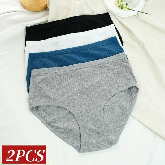 2Pcs/Set Women High Waist Cotton Panties Soft Stretch Tummy Control Ladies Rib Knit Underwear Sexy Lingerie Comfort Briefs S-XXL