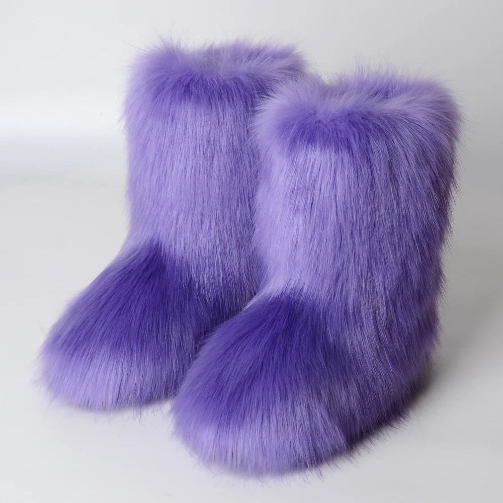 Women's Winter Snow Boots Outdoor Luxury Furry Faux Fox Fur Boots Woman Plush Warm Platform Shoes New Fashion Bottes Big Size 46