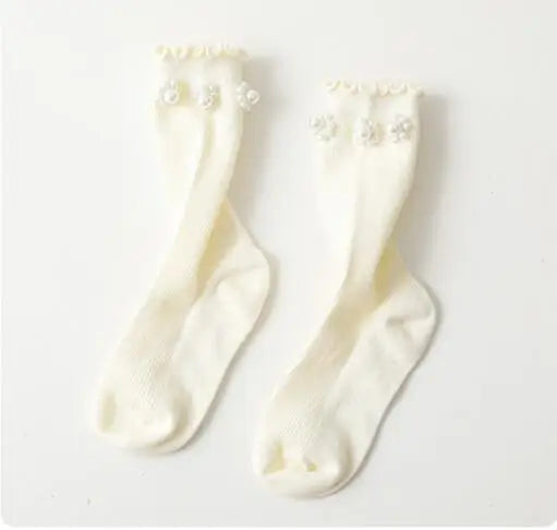 Kids Socks Sweet Bowknot Pearl Lace Stockings Girl Princess Wind Lolita Heap Socks Children Knee High Sock chaussette