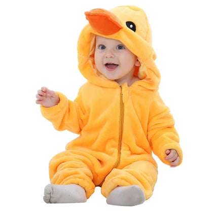 Baby Winter Rompers - Soft Polyester Hooded Jumpsuit With Animal Pattern, Machine Washable