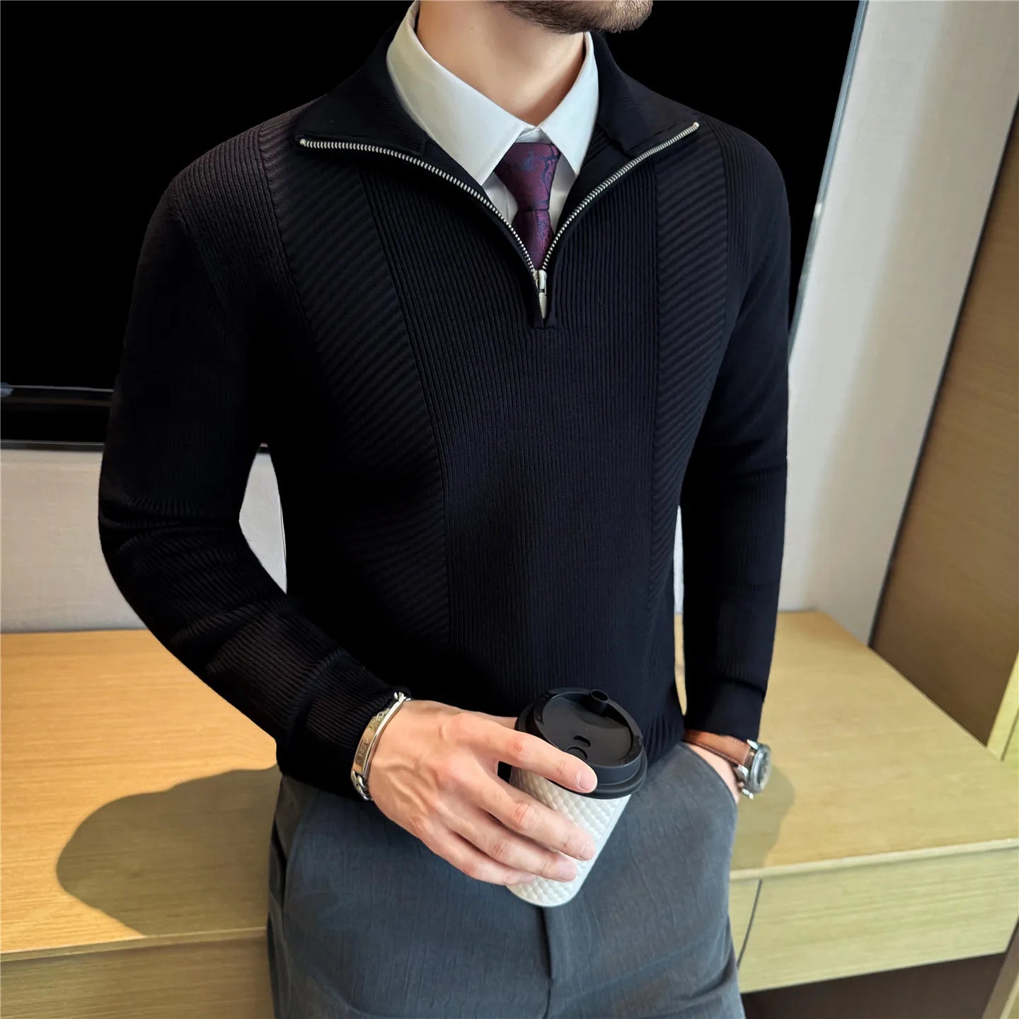 Men's Semi-Zip Knit Sweater - White (Gray/Black)  Winter Weight Fabric Fashionable Semi-High Neck Daily Wear