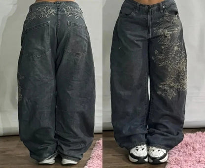 Cherry Blossom Selvedge Embroidery Denim Pants Y2K Retro Men Casual Baggy Straight Wide Leg Jeans High Quality Hiphop Streetwear