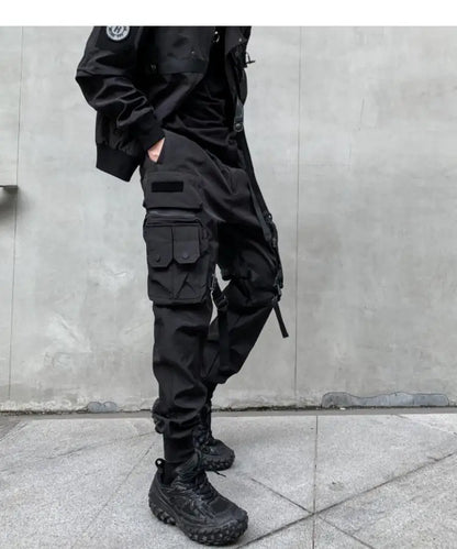 Multi-pockets Ribbons Bandage Tactical Techwear Cargo Pants Mens Harajuku Punk Hip Hop Joggers Pantalons Casual Streetwear